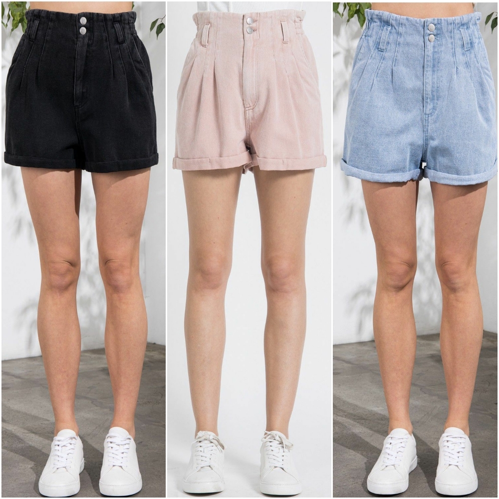 Aaron & Amber Washed Light Denim Blue High Waisted Paperbag Shorts - Picture 7 of 8